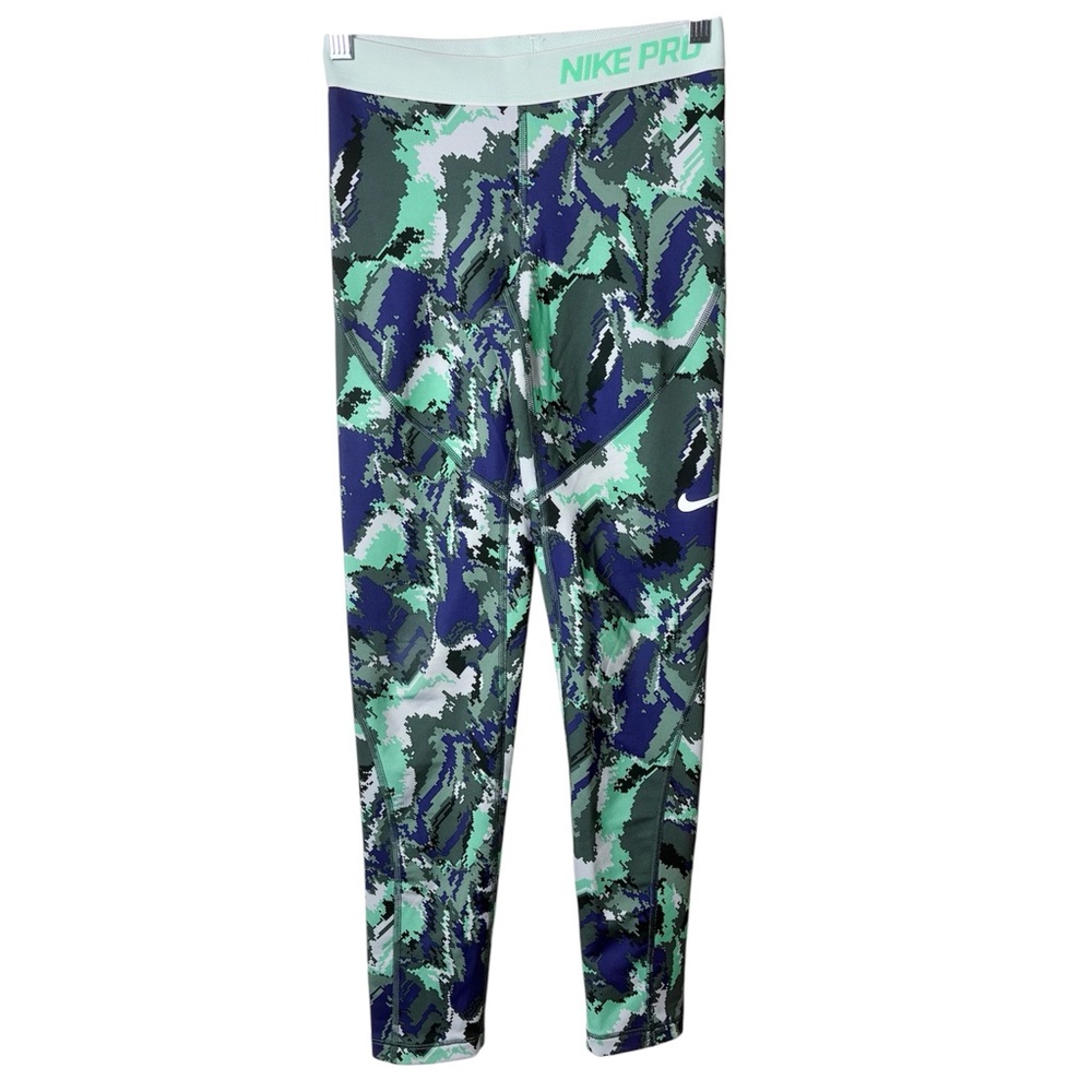 Nike Pro Hyperwarm Combat Girls' Green and Blue Patterned Leggings
